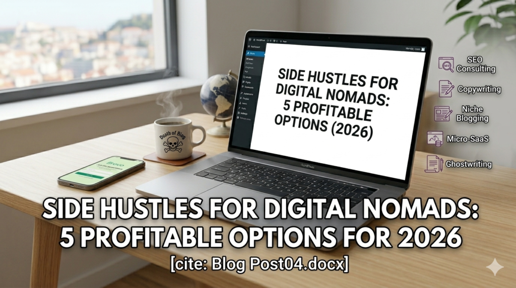 My 5 profitable side hustles for digital nomads in 2026 infographic with Brevo subscription form and Rank Math 92 score.