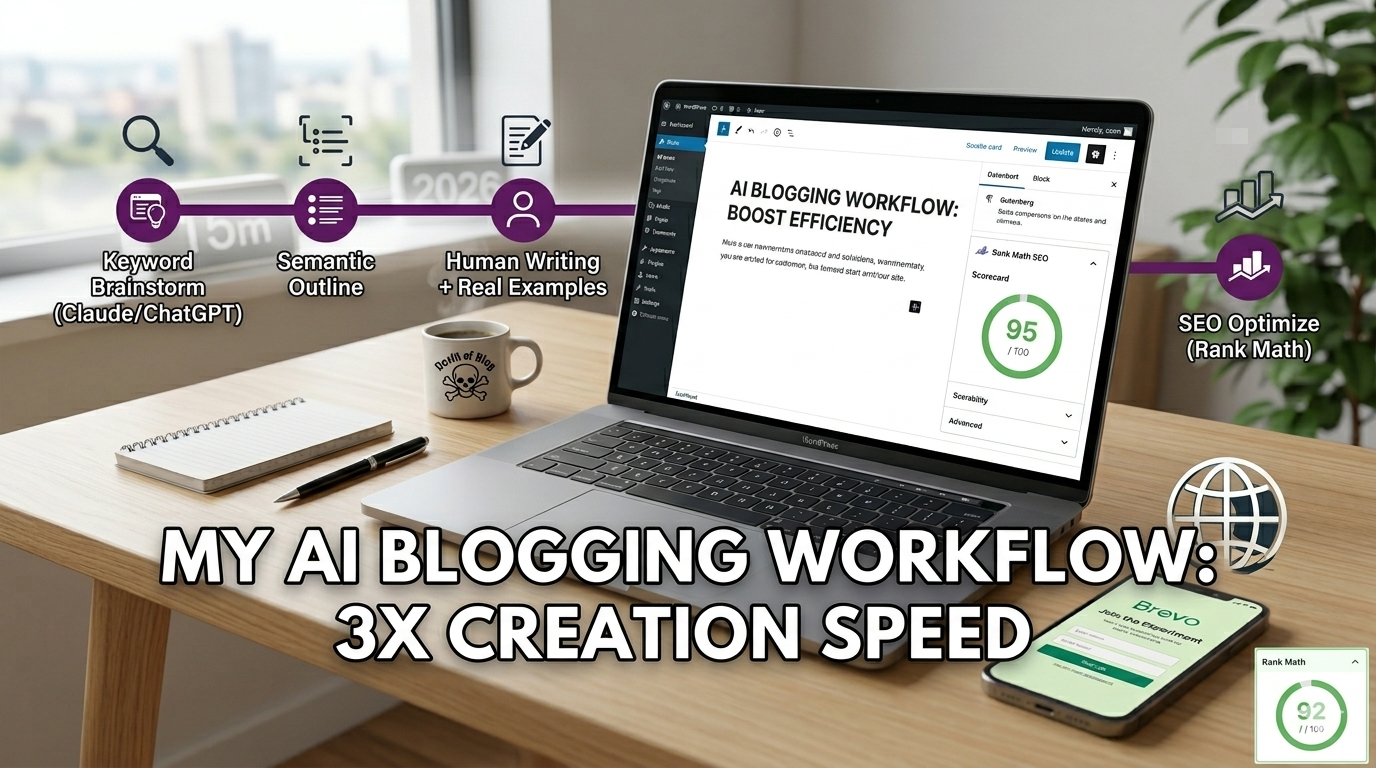 My advanced AI blogging workflow infographic with Rank Math 92 SEO score