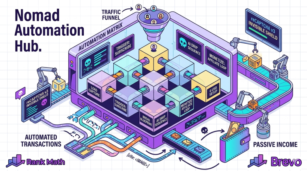 Neo-Brutalism poster explaining how to build an automated email funnel for free using Brevo for digital nomads.