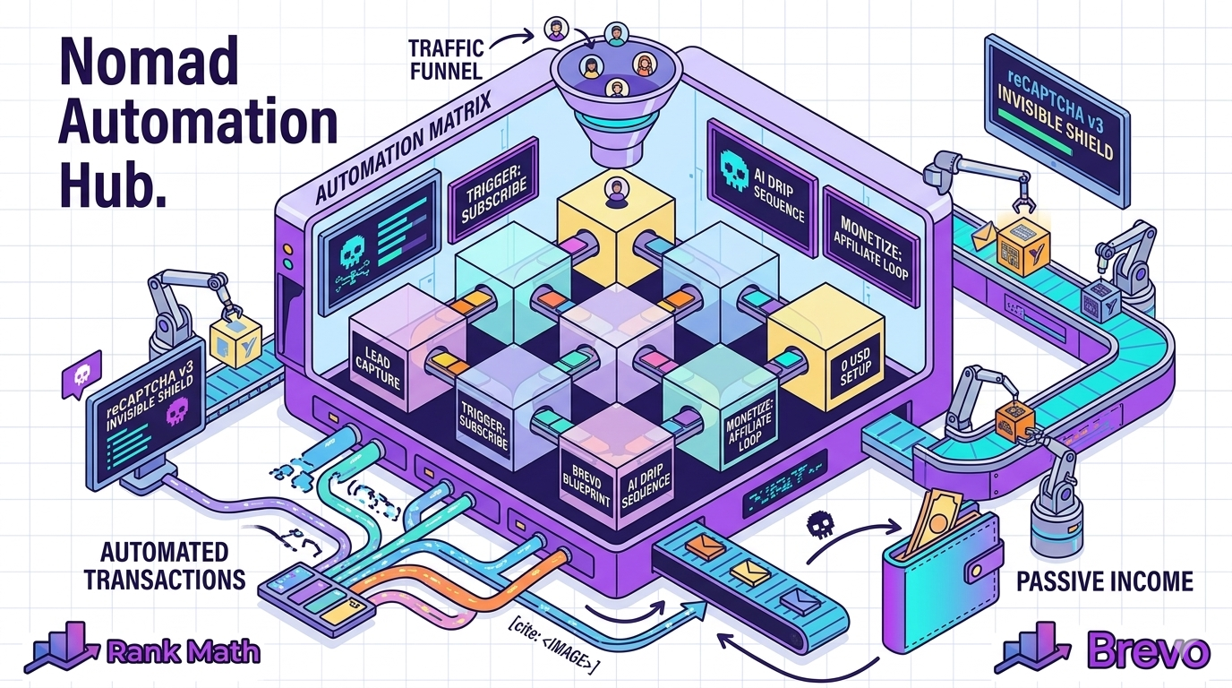 Neo-Brutalism poster explaining how to build an automated email funnel for free using Brevo for digital nomads.