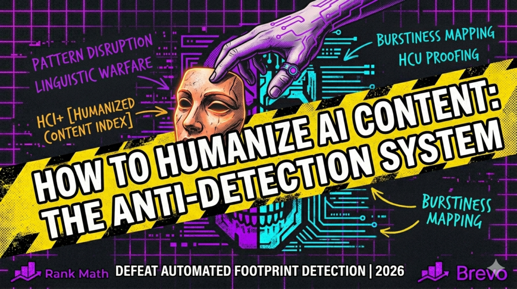 Neo-Brutalism poster explaining how to humanize ai content to defeat automated footprint detection.