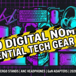 Neo-Brutalism style 10 digital nomad essential tech gear items poster with neon purple highlights
