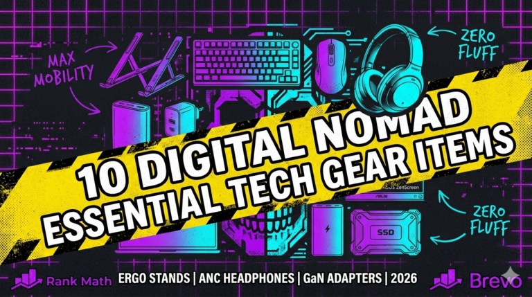 Neo-Brutalism style 10 digital nomad essential tech gear items poster with neon purple highlights