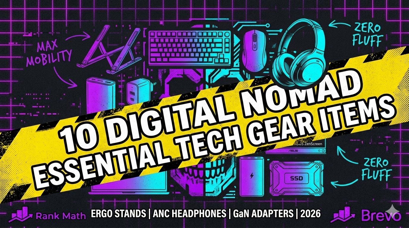 Neo-Brutalism style 10 digital nomad essential tech gear items poster with neon purple highlights